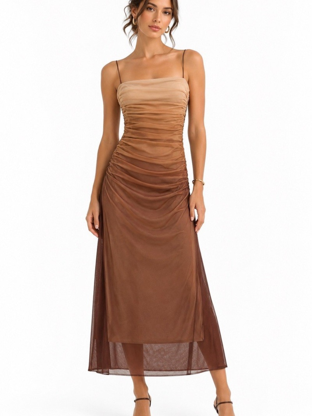 Zara Ombre Mesh Ruched Maxi Dress Brown Beige Sheer